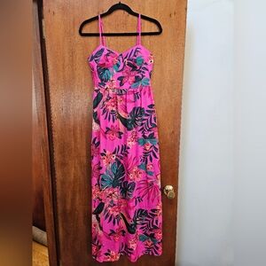 Pink Tropical Print Maxi Dress - Spaghetti Strap Sundress ~M~ Like New